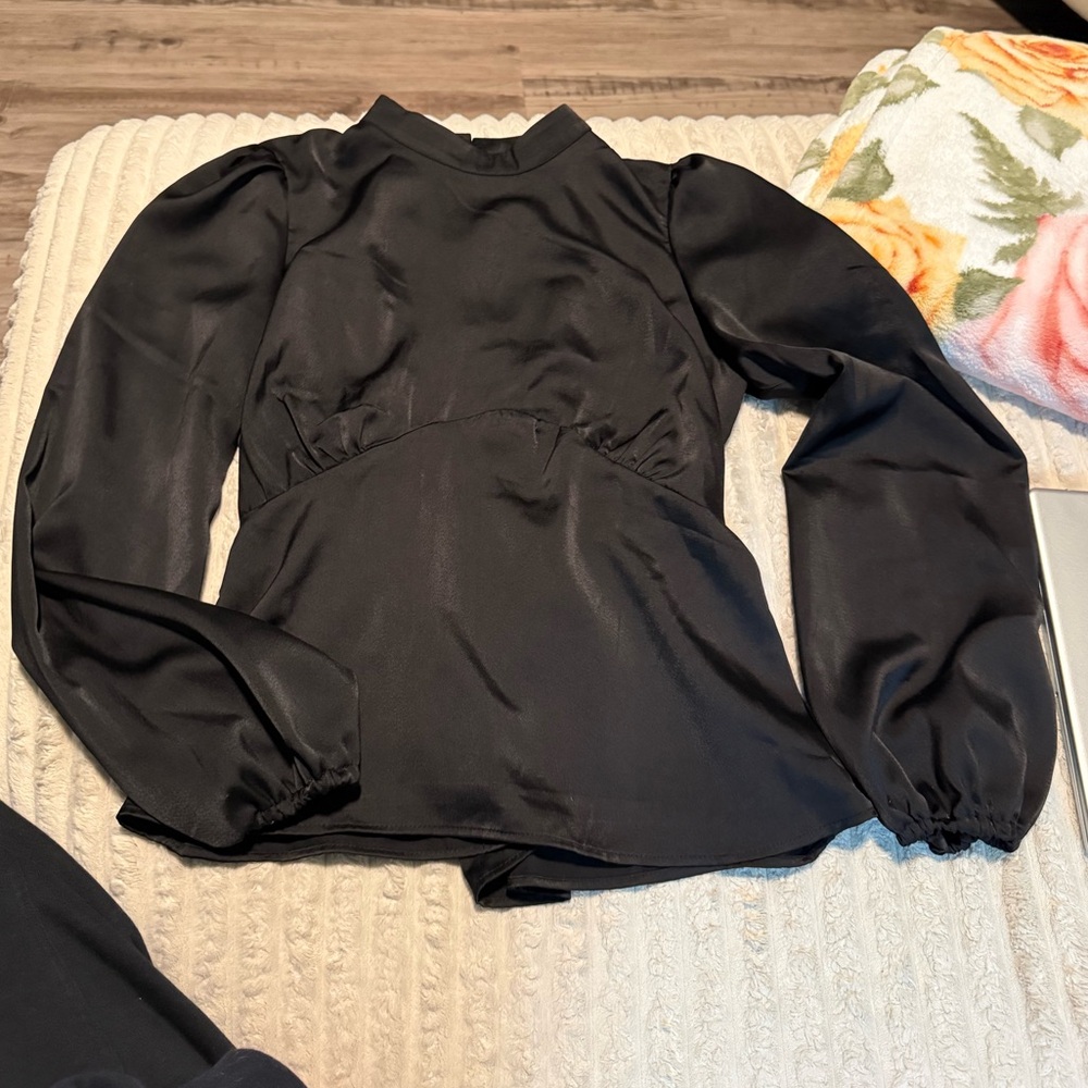 River Island Black Satin High-Neck Long-Sleeve Blouse